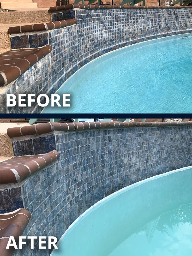 Pool Tile Surface Cleaning With, How To Get Calcium Deposits Off Glass Pool Tile